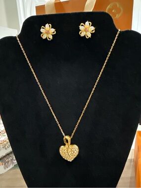 Gold Heart Pendant Necklace with Floral Stud Earrings -GWP upon purchase